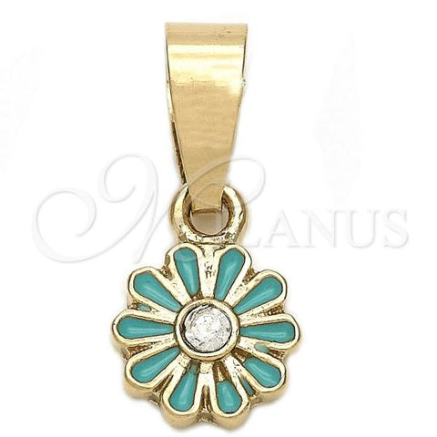 Oro Laminado Fancy Pendant, Gold Filled Style Flower Design, with White Crystal, Blue Enamel Finish, Golden Finish, 05.163.0074.5