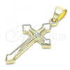 Oro Laminado Religious Pendant, Gold Filled Style Cross Design, with White Crystal, Polished, Golden Finish, 05.213.0083