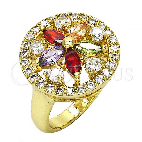 Oro Laminado Multi Stone Ring, Gold Filled Style Flower Design, with Multicolor Cubic Zirconia, Polished, Golden Finish, 01.266.0020.07 (Size 7)