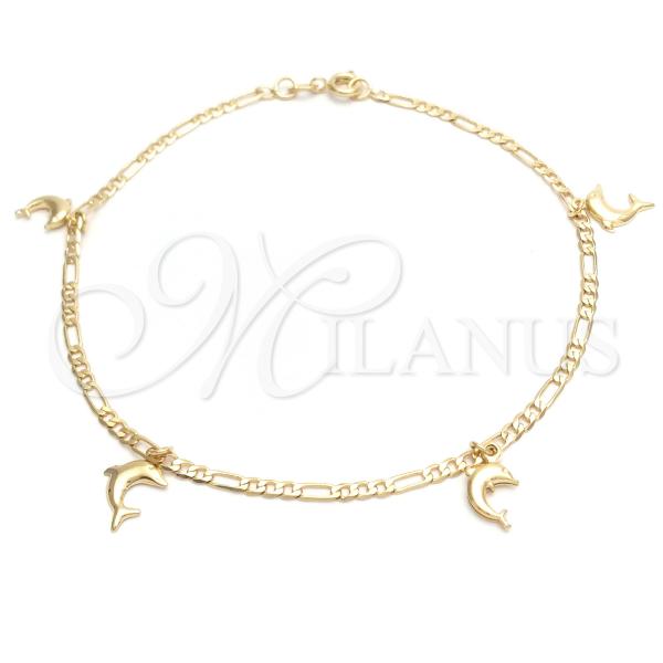 Oro Laminado Charm Anklet , Gold Filled Style Dolphin and Figaro Design, Polished, Golden Finish, 03.58.0041.10