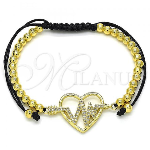 Oro Laminado Adjustable Bolo Bracelet, Gold Filled Style Heart and Ball Design, with White Micro Pave, Polished, Golden Finish, 03.299.0069.11
