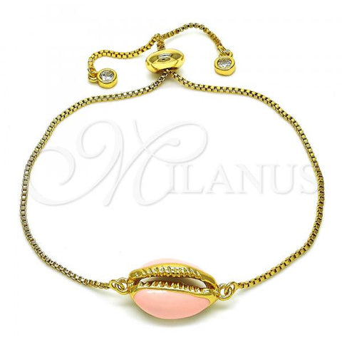 Oro Laminado Adjustable Bolo Bracelet, Gold Filled Style with White Cubic Zirconia, Pink Enamel Finish, Golden Finish, 03.207.0098.1.10