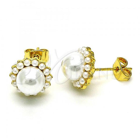 Oro Laminado Stud Earring, Gold Filled Style Flower Design, with Ivory Pearl, Polished, Golden Finish, 02.379.0011