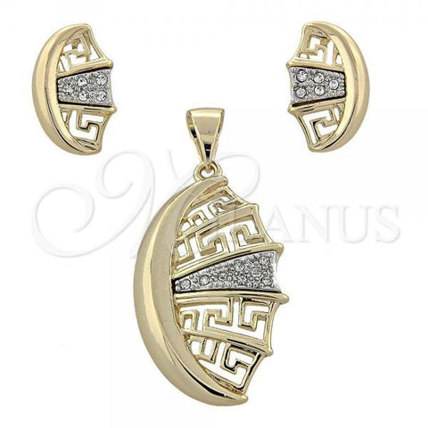 Oro Laminado Earring and Pendant Adult Set, Gold Filled Style Greek Key Design, with White Crystal, Two Tone, 10.91.0124
