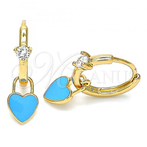 Oro Laminado Huggie Hoop, Gold Filled Style Lock and Heart Design, with White Cubic Zirconia, Turquoise Enamel Finish, Golden Finish, 02.213.0212.15