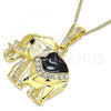 Oro Laminado Pendant Necklace, Gold Filled Style Elephant Design, with White and Black Crystal, Black Enamel Finish, Golden Finish, 04.380.0025.20