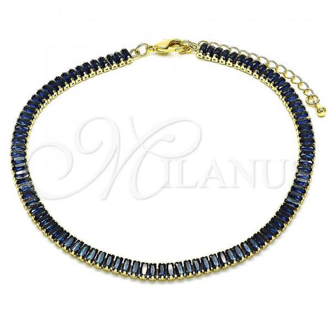 Oro Laminado Fancy Anklet, Gold Filled Style Baguette Design, with Sapphire Blue Cubic Zirconia, Polished, Golden Finish, 03.130.0008.8.10