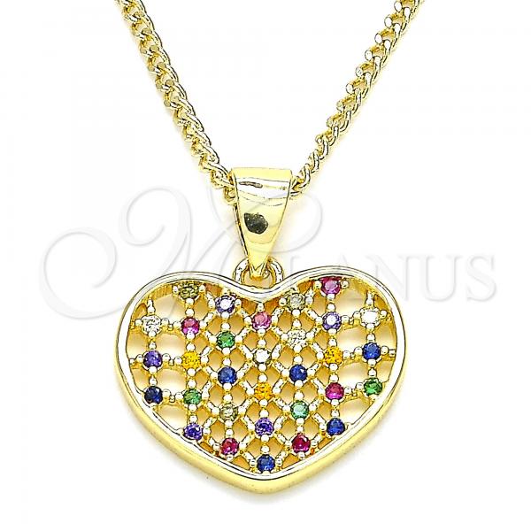 Oro Laminado Pendant Necklace, Gold Filled Style Heart Design, with Multicolor Micro Pave, Polished, Golden Finish, 04.156.0336.3.20