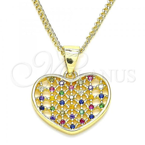 Oro Laminado Pendant Necklace, Gold Filled Style Heart Design, with Multicolor Micro Pave, Polished, Golden Finish, 04.156.0336.3.20