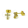 Oro Laminado Stud Earring, Gold Filled Style Cross Design, with White Cubic Zirconia, Polished, Golden Finish, 02.341.0225