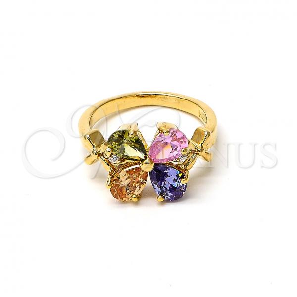 Oro Laminado Multi Stone Ring, Gold Filled Style Flower Design, with Multicolor and White Cubic Zirconia, Polished, Golden Finish, 5.172.008.08 (Size 8)