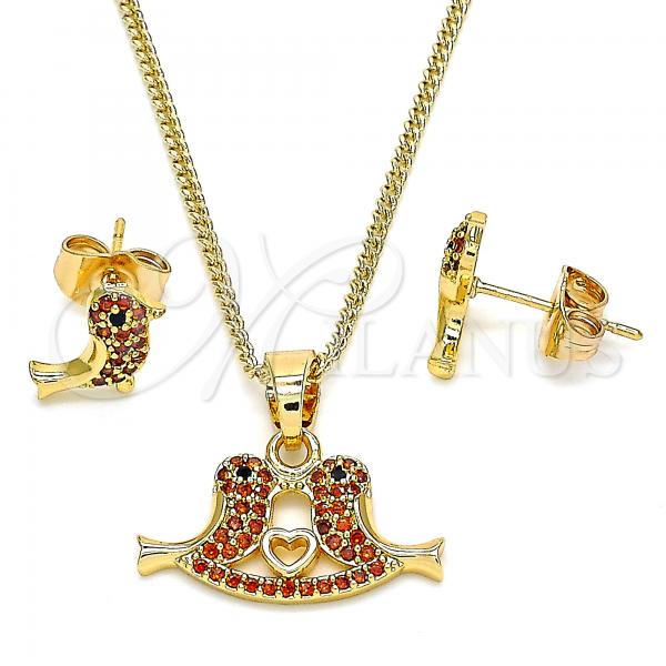 Oro Laminado Earring and Pendant Adult Set, Gold Filled Style Bird and Heart Design, with Garnet and Black Micro Pave, Polished, Golden Finish, 10.210.0120.2