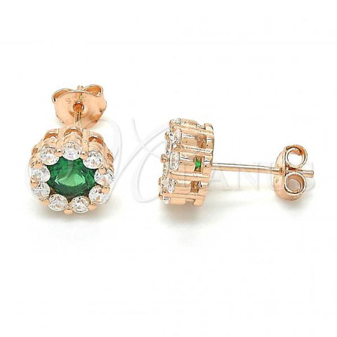 Sterling Silver Stud Earring, Flower Design, with Green and White Cubic Zirconia, Polished, Rose Gold Finish, 02.186.0021.4