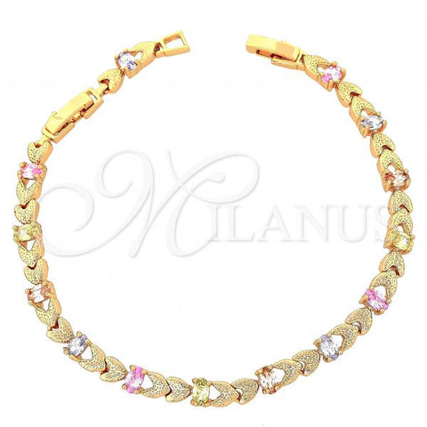 Oro Laminado Fancy Bracelet, Gold Filled Style Heart Design, with Multicolor Cubic Zirconia, Diamond Cutting Finish, Golden Finish, 03.60.0043