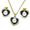 Oro Laminado Earring and Pendant Adult Set, Gold Filled Style Heart Design, with Ivory Pearl, Blue Enamel Finish, Golden Finish, 10.379.0048.4