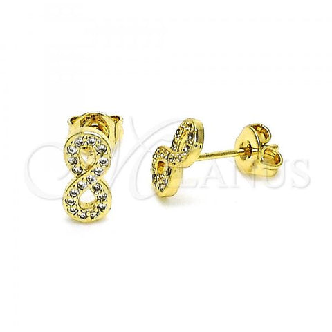 Oro Laminado Stud Earring, Gold Filled Style Infinite Design, with White Micro Pave, Polished, Golden Finish, 02.102.0064