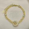 Oro Laminado Fancy Bracelet, Gold Filled Style Miami Cuban and Lock Design, with White Micro Pave, Polished, Golden Finish, 03.403.0001.07