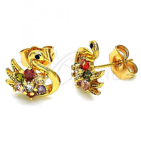 Oro Laminado Stud Earring, Gold Filled Style Swan and Flower Design, with Multicolor Cubic Zirconia, Polished, Golden Finish, 02.387.0090.1