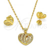 Oro Laminado Earring and Pendant Adult Set, Gold Filled Style Heart Design, with White Micro Pave, Polished, Golden Finish, 10.199.0034