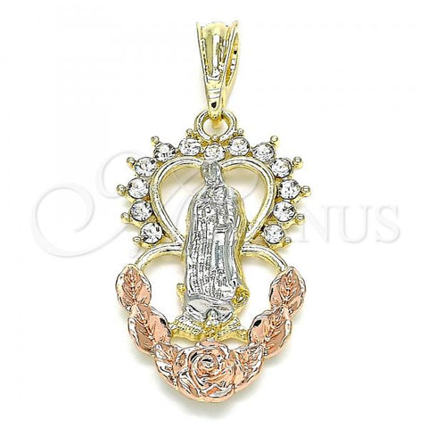 Oro Laminado Religious Pendant, Gold Filled Style Guadalupe and Heart Design, with White Crystal, Polished, Tricolor, 05.380.0060