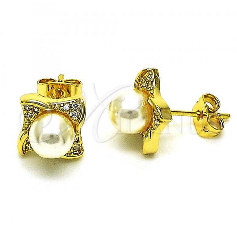 Oro Laminado Stud Earring, Gold Filled Style with Ivory Pearl and White Micro Pave, Polished, Golden Finish, 02.156.0655