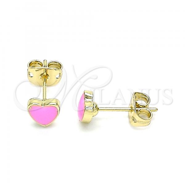 Oro Laminado Stud Earring, Gold Filled Style Heart Design, Pink Enamel Finish, Golden Finish, 02.213.0292.2