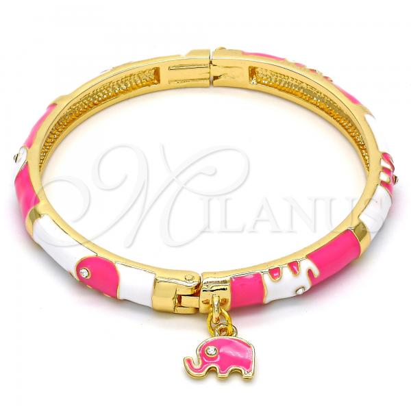 Oro Laminado Individual Bangle, Gold Filled Style Elephant Design, with White Crystal, Pink Enamel Finish, Golden Finish, 07.254.0002.1.03 (06 MM Thickness, Size 3 - 2.00 Diameter)