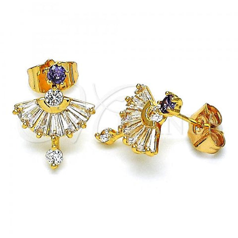 Oro Laminado Stud Earring, Gold Filled Style with Amethyst and White Cubic Zirconia, Polished, Golden Finish, 02.387.0094.2