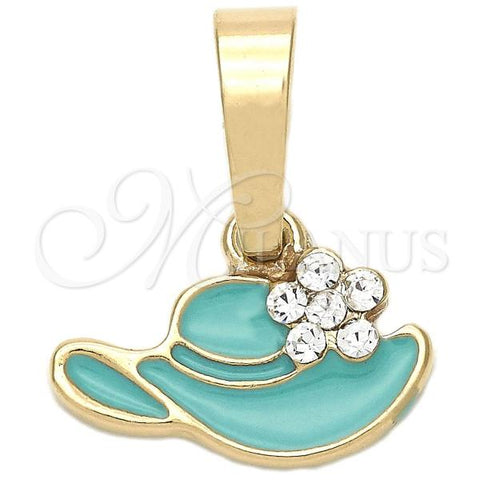 Oro Laminado Fancy Pendant, Gold Filled Style Hat and Flower Design, with White Crystal, Blue Enamel Finish, Golden Finish, 05.163.0056.2