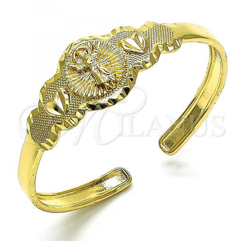 Oro Laminado Individual Bangle, Gold Filled Style Divino Niño and Heart Design, Diamond Cutting Finish, Golden Finish, 07.253.0025