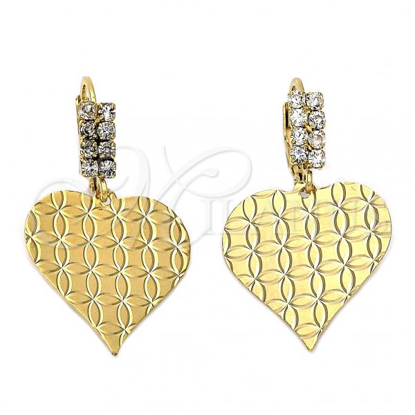 Oro Laminado Dangle Earring, Gold Filled Style Heart Design, with White Cubic Zirconia, Diamond Cutting Finish, Golden Finish, 02.63.0997
