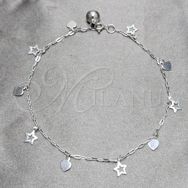 Sterling Silver Fancy Anklet, Heart and Star Design, Polished, Silver Finish, 03.409.0146.10