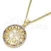 Oro Laminado Pendant Necklace, Gold Filled Style Tree Design, with Multicolor Micro Pave, Polished, Golden Finish, 04.156.0310.1.20