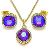 Oro Laminado Earring and Pendant Adult Set, Gold Filled Style with Heliotrope and White Crystal, Polished, Golden Finish, 10.379.0025