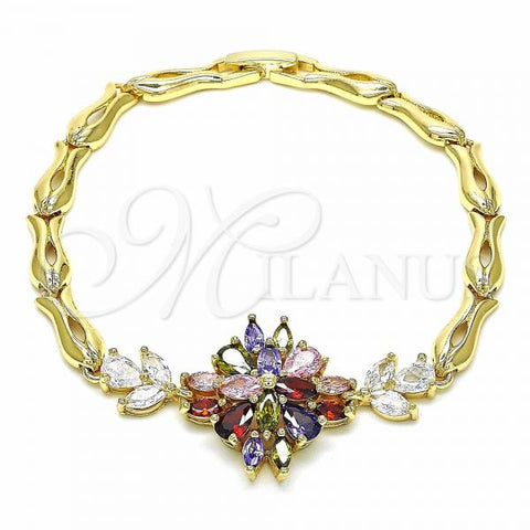 Oro Laminado Fancy Bracelet, Gold Filled Style Flower and Fish Design, with Multicolor Cubic Zirconia, Polished, Golden Finish, 03.316.0074.1.08