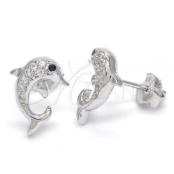 Sterling Silver Stud Earring, Dolphin Design, with Black and White Cubic Zirconia, Polished, Rhodium Finish, 02.336.0082