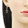 Oro Laminado Dangle Earring, Gold Filled Style Cross Design, with White Cubic Zirconia, Polished, Golden Finish, 02.213.0543