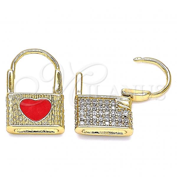 Oro Laminado Huggie Hoop, Gold Filled Style Lock and Heart Design, with White Micro Pave, Red Enamel Finish, Golden Finish, 02.213.0210.1.10