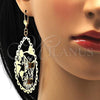 Oro Laminado Dangle Earring, Gold Filled Style Flower and Butterfly Design, with White Crystal, Polished, Golden Finish, 64.003