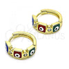 Oro Laminado Huggie Hoop, Gold Filled Style Evil Eye Design, with White Cubic Zirconia, Multicolor Enamel Finish, Golden Finish, 02.213.0192.3.15