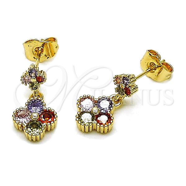 Oro Laminado Stud Earring, Gold Filled Style Four-leaf Clover Design, with Multicolor Cubic Zirconia, Polished, Golden Finish, 02.283.0186