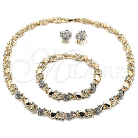 Oro Laminado Necklace, Bracelet and Earring, Gold Filled Style Teddy Bear and Hugs and Kisses Design, with White Crystal, Polished, Golden Finish, 06.372.0034