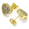 Oro Laminado Stud Earring, Gold Filled Style Heart Design, with Multicolor Micro Pave, Polished, Golden Finish, 02.94.0080.2