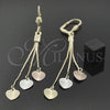 Oro Laminado Long Earring, Gold Filled Style Heart Design, Diamond Cutting Finish, Tricolor, 5.089.006