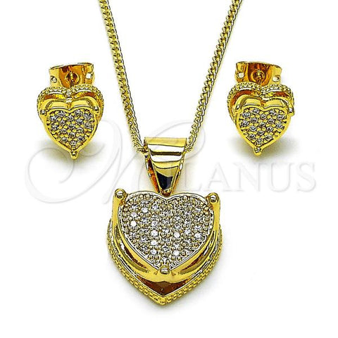 Oro Laminado Earring and Pendant Adult Set, Gold Filled Style Heart Design, with White Micro Pave, Polished, Golden Finish, 10.342.0166