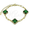 Oro Laminado Fancy Bracelet, Gold Filled Style Four-leaf Clover and Paperclip Design, with Green Crystal, Polished, Golden Finish, 03.319.0015.2.07