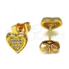 Oro Laminado Stud Earring, Gold Filled Style Heart Design, with White Micro Pave, Polished, Golden Finish, 02.344.0019