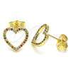 Oro Laminado Stud Earring, Gold Filled Style Heart Design, with Multicolor Micro Pave, Polished, Golden Finish, 02.94.0117.2