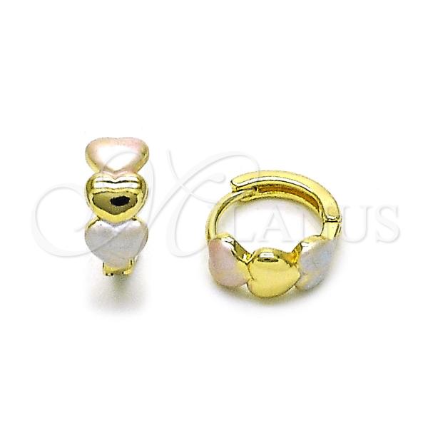 Oro Laminado Huggie Hoop, Gold Filled Style Heart Design, Polished, Tricolor, 02.213.0608.12