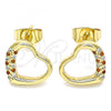 Oro Laminado Stud Earring, Gold Filled Style Heart Design, with Garnet and White Micro Pave, Polished, Golden Finish, 02.344.0052.1